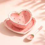 Ensemble de bols cœur fraise, céramique, cuillère assiette vaisselle kawaii