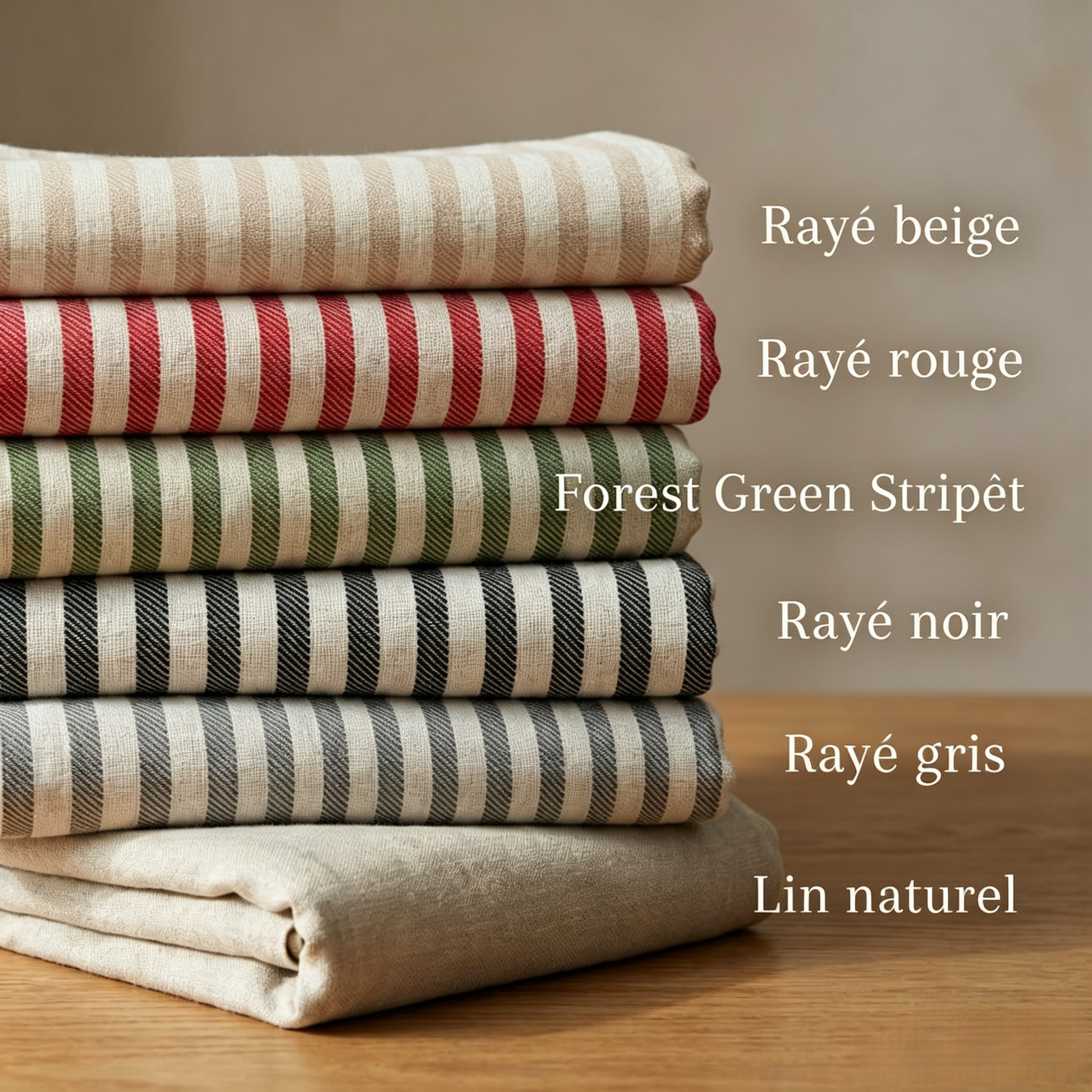Chemin de table beige à rayures en coton et lin avec bords à volants