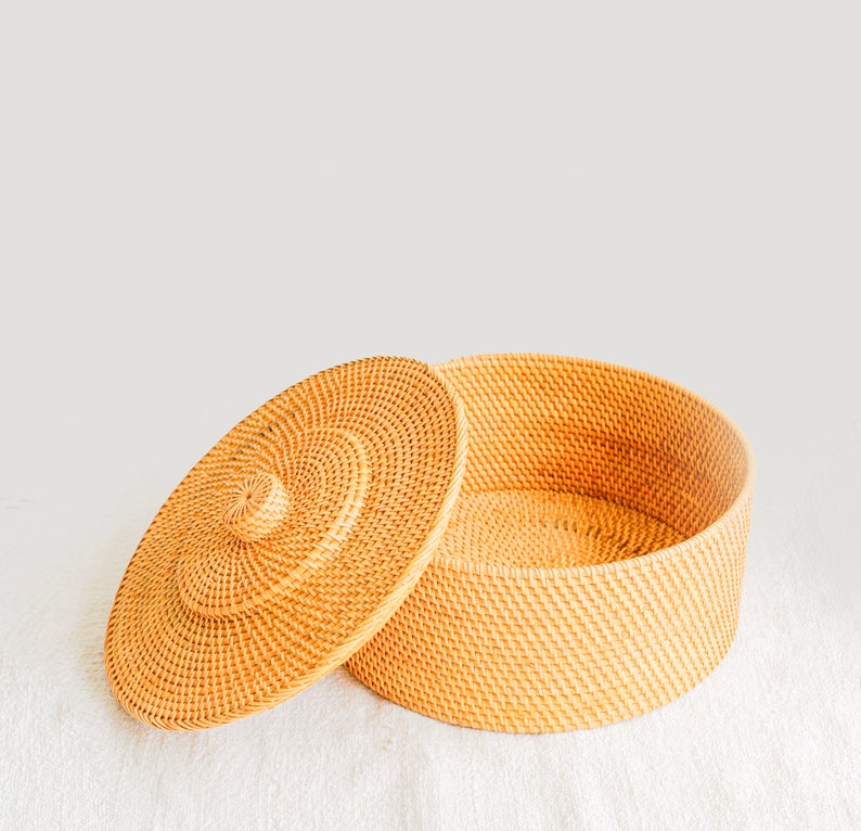 Rangement rond en rotin avec couvercle, boîte d'organisation naturelle