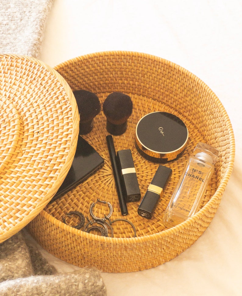 Rangement rond en rotin avec couvercle, boîte d'organisation naturelle