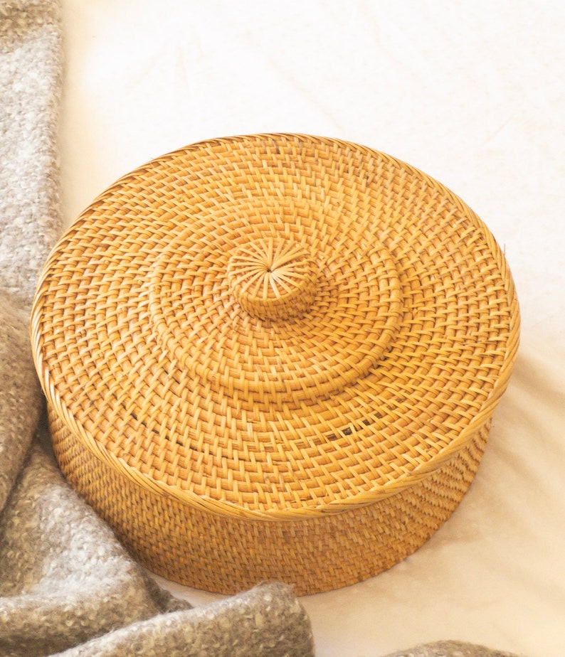 Rangement rond en rotin avec couvercle, boîte d'organisation naturelle