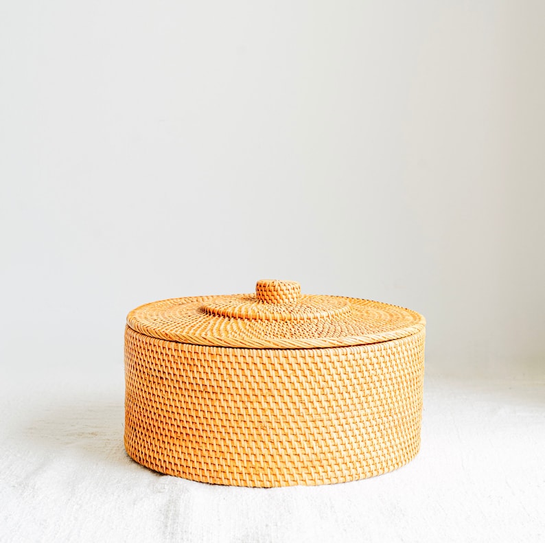 Rangement rond en rotin avec couvercle, boîte d'organisation naturelle