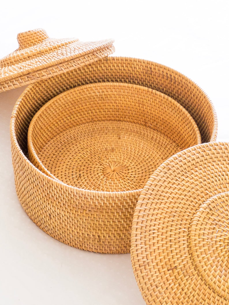 Rangement rond en rotin avec couvercle, boîte d'organisation naturelle