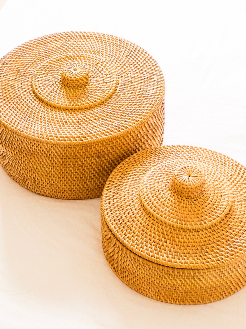 Rangement rond en rotin avec couvercle, boîte d'organisation naturelle