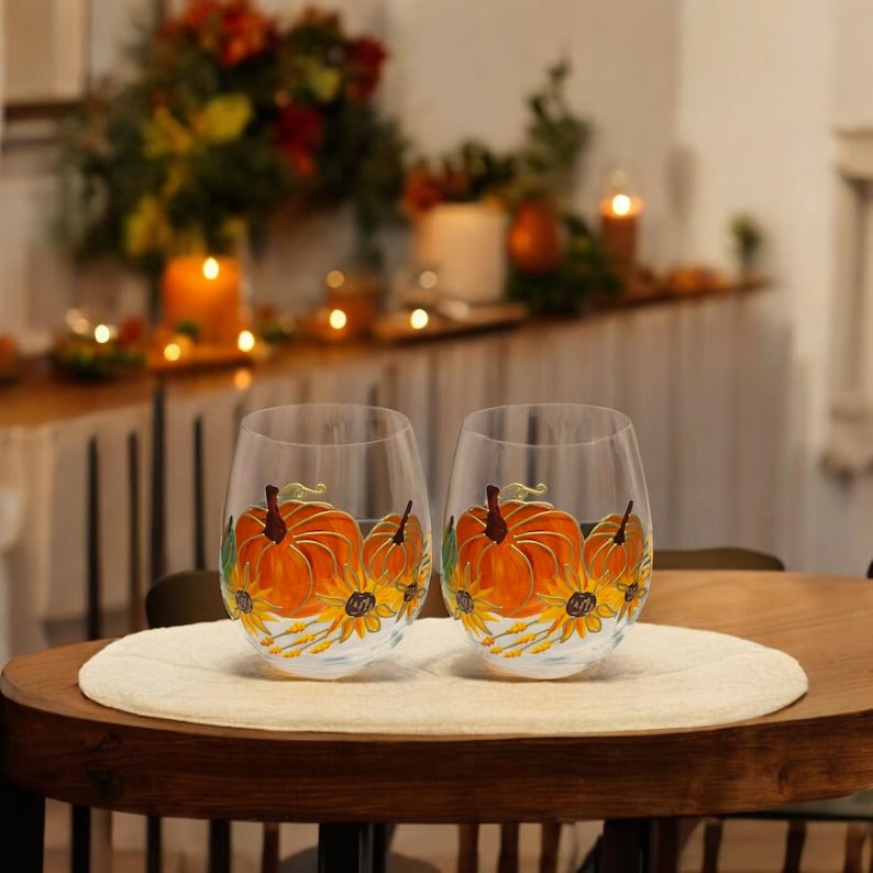 Lot de 2 Verres à Vin sans Pied Citrouille 3D Doré 19oz - Décoration Automne Thanksgiving