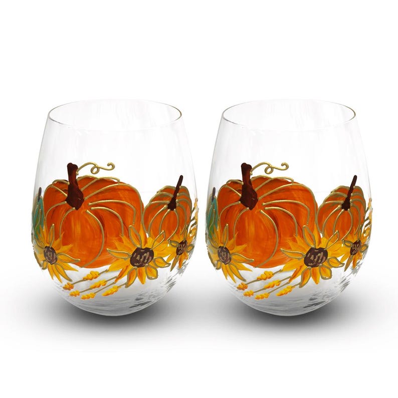 Lot de 2 Verres à Vin sans Pied Citrouille 3D Doré 19oz - Décoration Automne Thanksgiving