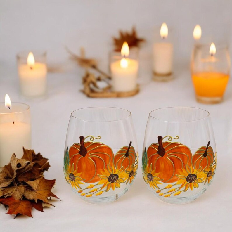 Lot de 2 Verres à Vin sans Pied Citrouille 3D Doré 19oz - Décoration Automne Thanksgiving