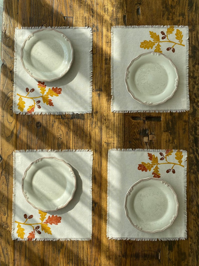 Set de 2 ou 4 sets de table imprimés blocs automne glands, coton 100 %, 35x40 cm, bords frangés