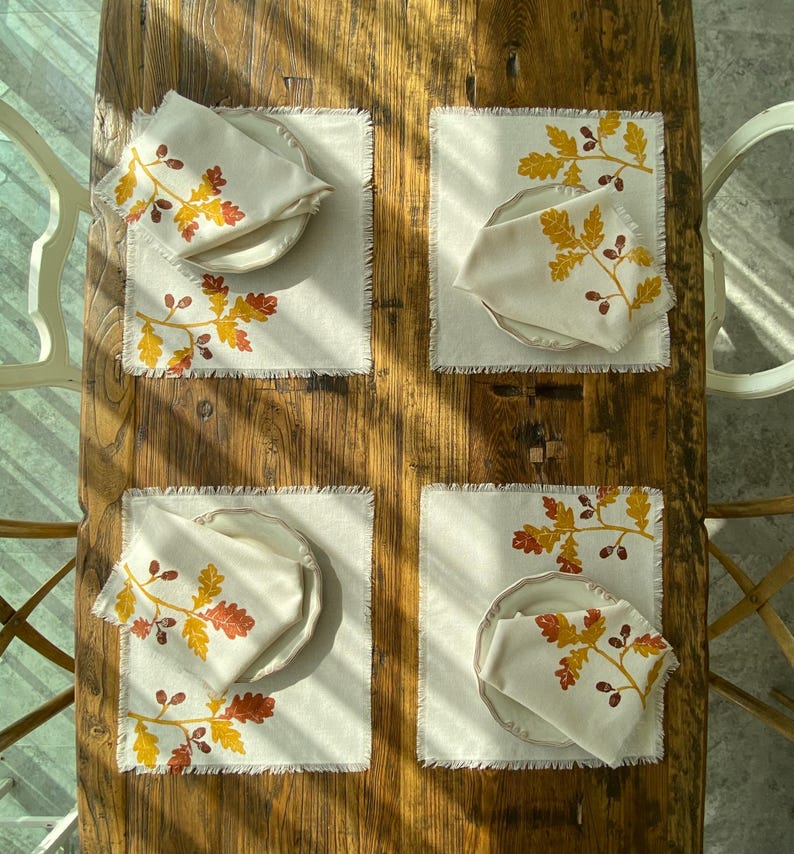Set de 2 ou 4 sets de table imprimés blocs automne glands, coton 100 %, 35x40 cm, bords frangés