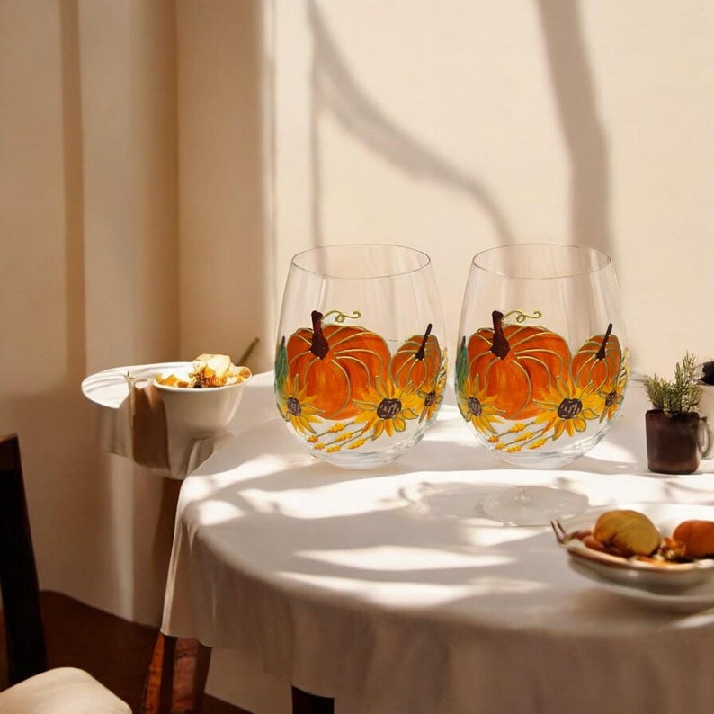 Lot de 2 Verres à Vin sans Pied Citrouille 3D Doré 19oz - Décoration Automne Thanksgiving