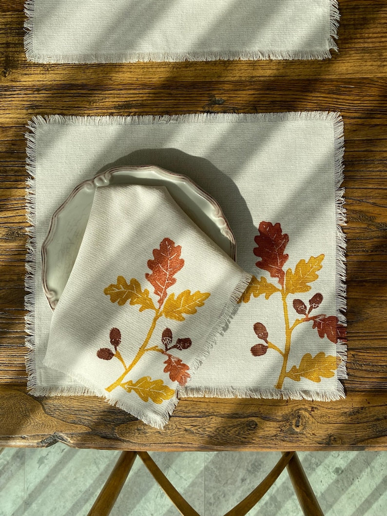 Set de 2 ou 4 sets de table imprimés blocs automne glands, coton 100 %, 35x40 cm, bords frangés