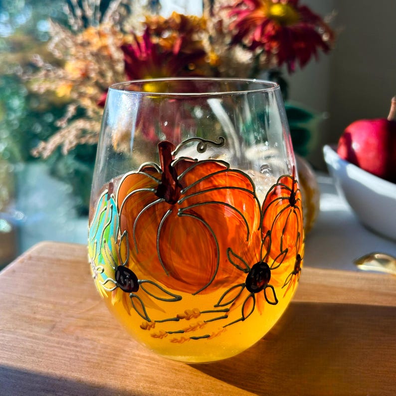 Lot de 2 Verres à Vin sans Pied Citrouille 3D Doré 19oz - Décoration Automne Thanksgiving
