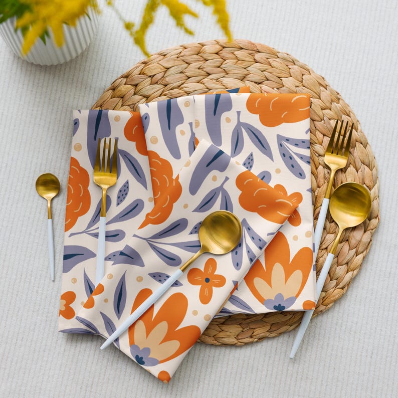 Serviettes en tissu à fleurs ensemble de 4 : Fleurs de mandarine pour linge de table estival