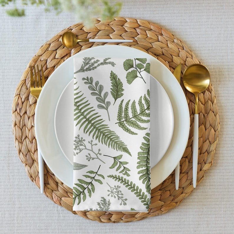 Serviettes en tissu fougères vertes lot de 4 - Impression botanique, 50,8 x 50,8 cm, polyester
