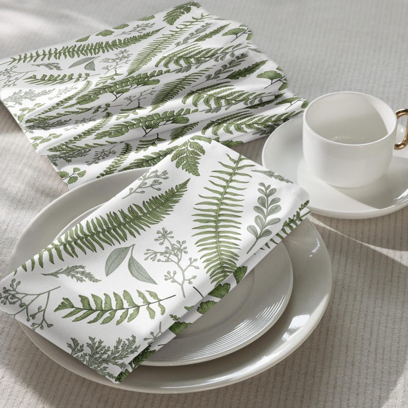 Serviettes en tissu fougères vertes lot de 4 - Impression botanique, 50,8 x 50,8 cm, polyester