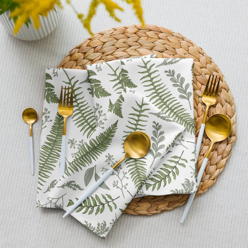 Serviettes en tissu fougères vertes lot de 4 - Impression botanique, 50,8 x 50,8 cm, polyester