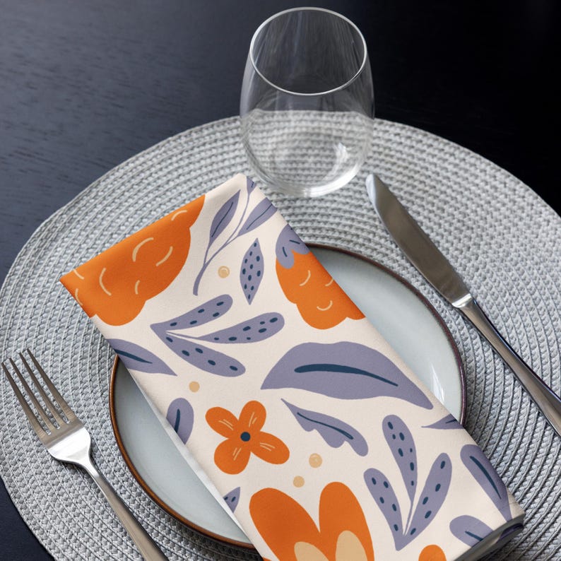 Serviettes en tissu à fleurs ensemble de 4 : Fleurs de mandarine pour linge de table estival