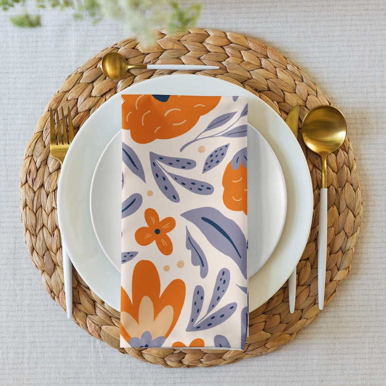 Serviettes en tissu à fleurs ensemble de 4 : Fleurs de mandarine pour linge de table estival