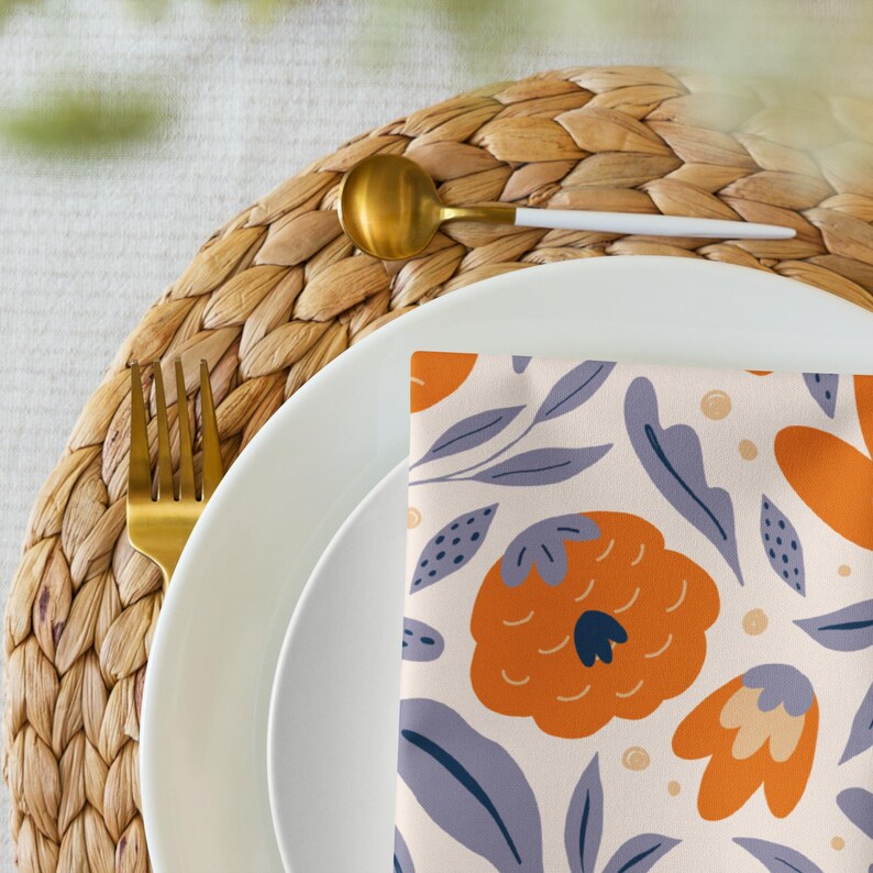 Serviettes en tissu à fleurs ensemble de 4 : Fleurs de mandarine pour linge de table estival