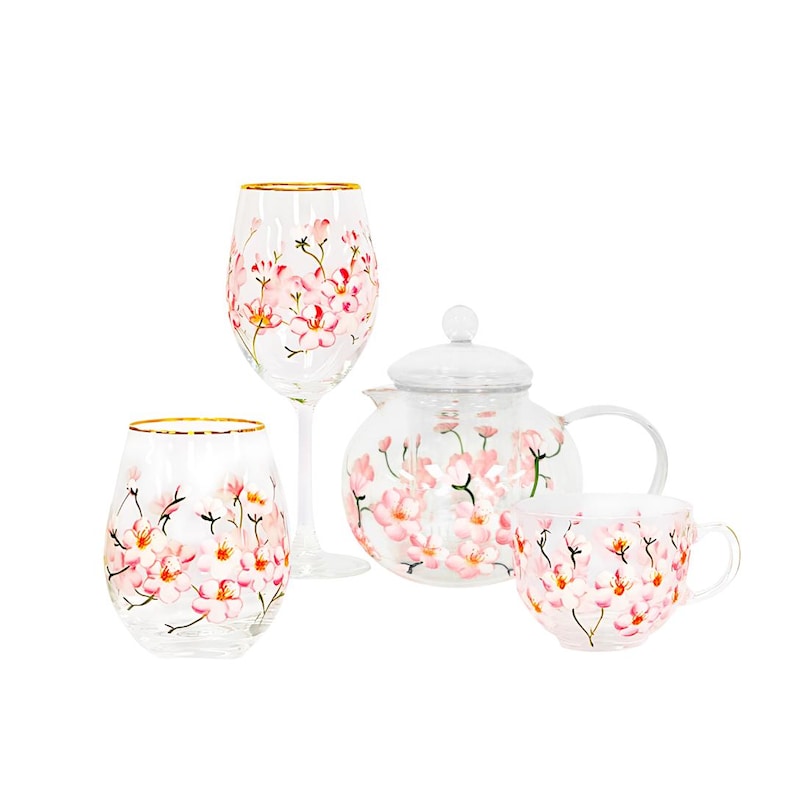 Tasses en verre coloré à motif de fleurs de cerisier, lot de deux