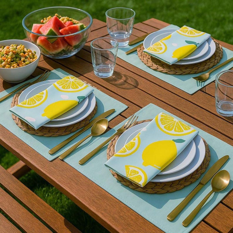 Lot de 4 Serviettes en Tissu Citrons d'été Linge de Table Décoration de Table