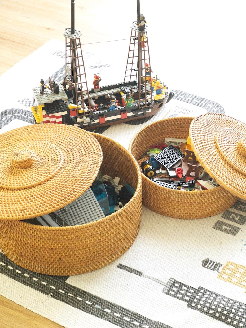 Rangement rond en rotin avec couvercle, boîte d'organisation naturelle