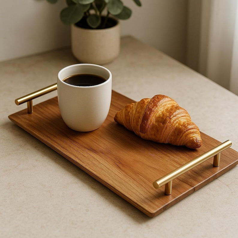 Plateau de service en bois d'acacia avec poignées en métal, 3 tailles