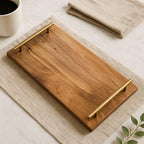 Plateau de service en bois d'acacia avec poignées en métal, 3 tailles