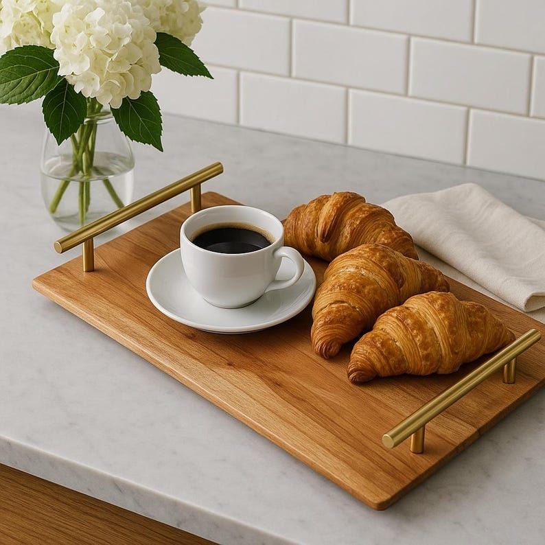 Plateau de service en bois d'acacia avec poignées en métal, 3 tailles
