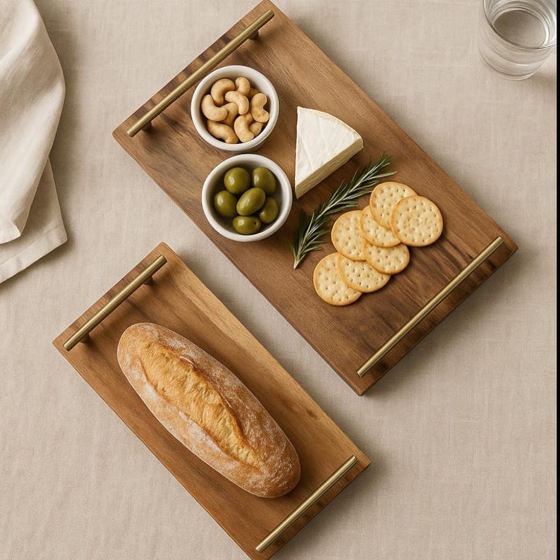 Plateau de service en bois d'acacia avec poignées en métal, 3 tailles