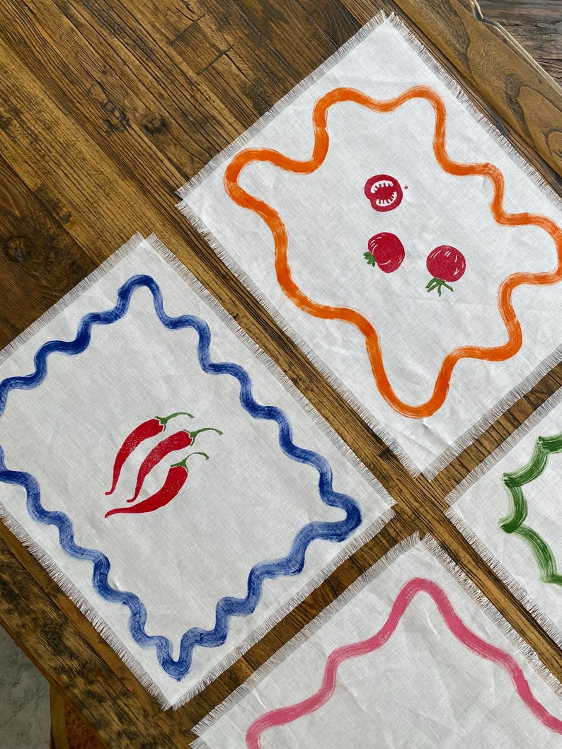 Set de table en lin 100% blanc 35x45 cm imprimé à la main motif végétal bords frangés