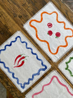 Set de table en lin 100% blanc 35x45 cm imprimé à la main motif végétal bords frangés