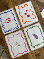 Set de table en lin 100% blanc 35x45 cm imprimé à la main motif végétal bords frangés