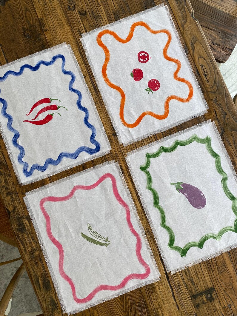 Set de table en lin 100% blanc 35x45 cm imprimé à la main motif végétal bords frangés