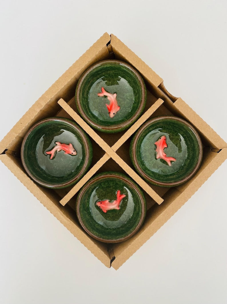 Craquelé en céramique porte-sachet de thé sauce, Koï vert, 6.5 cm x 3 cm