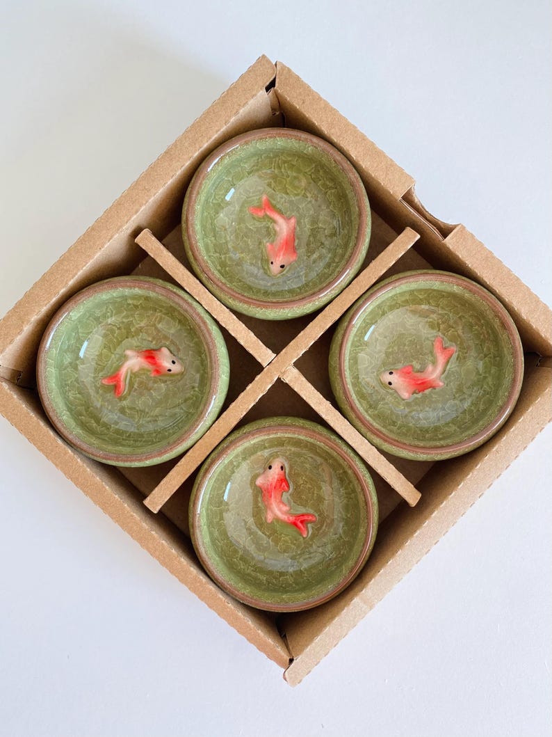 Craquelé en céramique porte-sachet de thé sauce, Koï vert, 6.5 cm x 3 cm