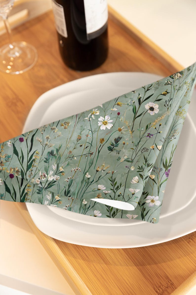 Serviette de table en poly sergé vert sauge, motif botanique bois Gustav Klimt, 2 tailles : 25x25 cm et 56x56 cm