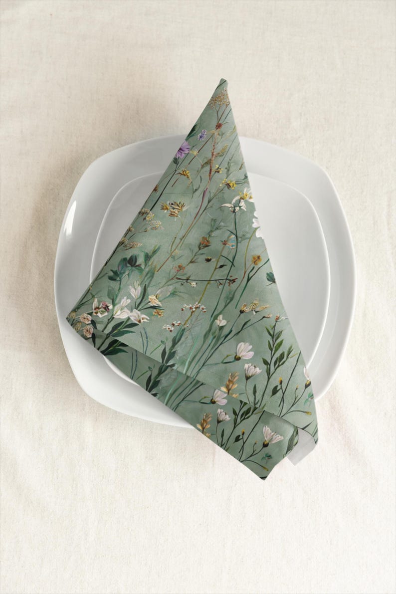 Serviette de table en poly sergé vert sauge, motif botanique bois Gustav Klimt, 2 tailles : 25x25 cm et 56x56 cm
