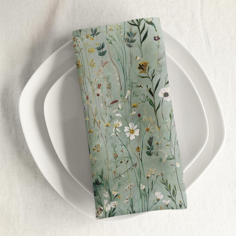 Serviette de table en poly sergé vert sauge, motif botanique bois Gustav Klimt, 2 tailles : 25x25 cm et 56x56 cm