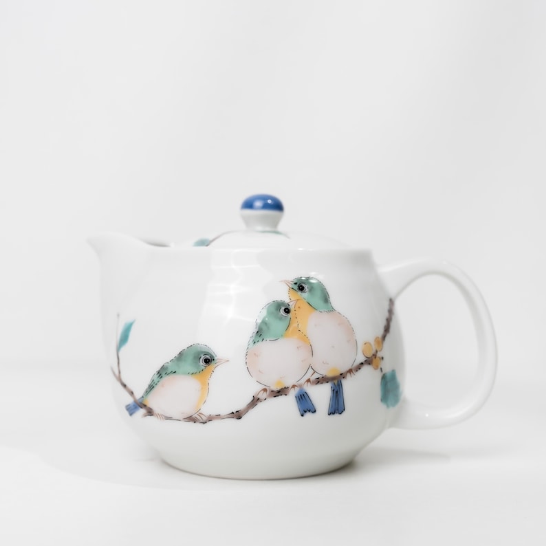 Théière Kutani Kyusu 350 ml, céramique hexagonale motif oiseau peint à la main