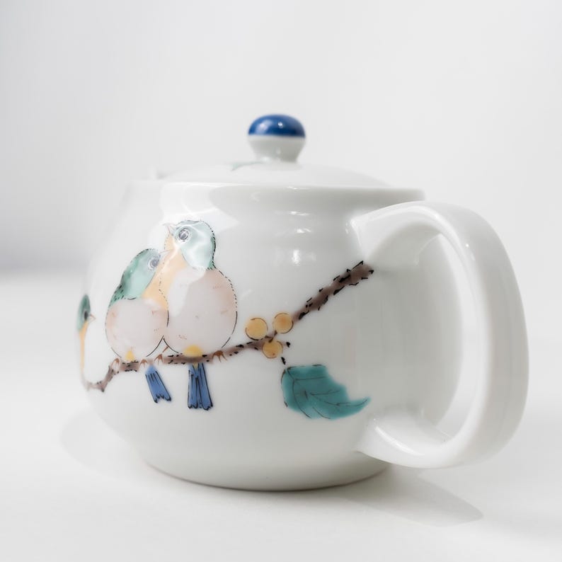 Théière Kutani Kyusu 350 ml, céramique hexagonale motif oiseau peint à la main