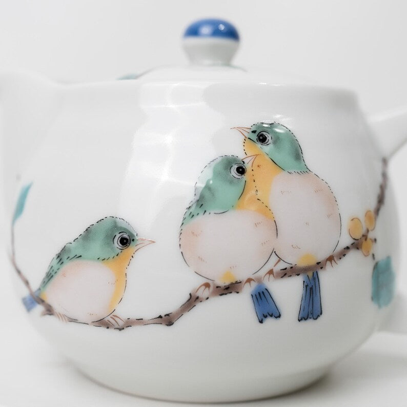 Théière Kutani Kyusu 350 ml, céramique hexagonale motif oiseau peint à la main