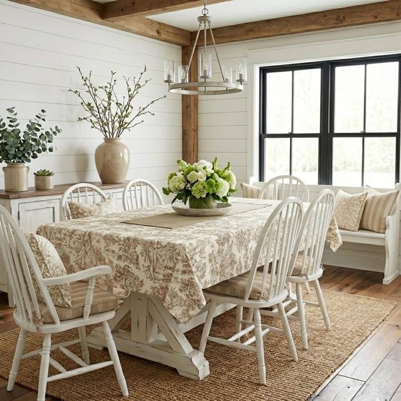 Nappe en toile de Jouy verte, coton/polyester, grandes tailles, style campagne française