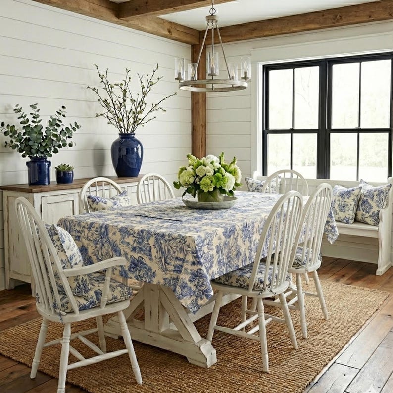 Nappe en toile de Jouy verte, coton/polyester, grandes tailles, style campagne française