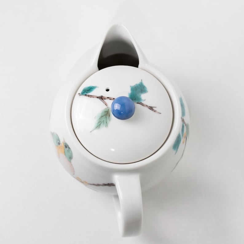 Théière Kutani Kyusu 350 ml, céramique hexagonale motif oiseau peint à la main