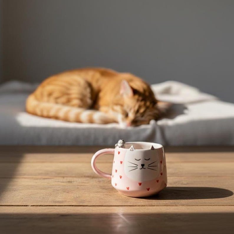 Tasse en céramique rose kawaii avec visage de chat et motifs cœur, peinte à la main