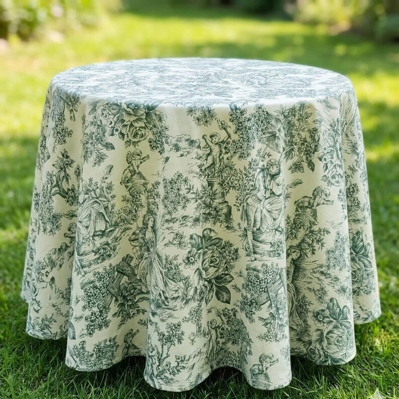 Nappe en toile de Jouy verte, coton/polyester, grandes tailles, style campagne française