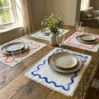Set de table en lin 100% blanc 35x45 cm imprimé à la main motif végétal bords frangés