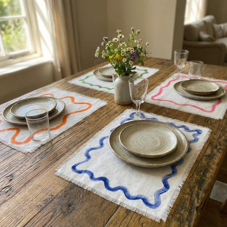 Set de table en lin 100% blanc 35x45 cm imprimé à la main motif végétal bords frangés