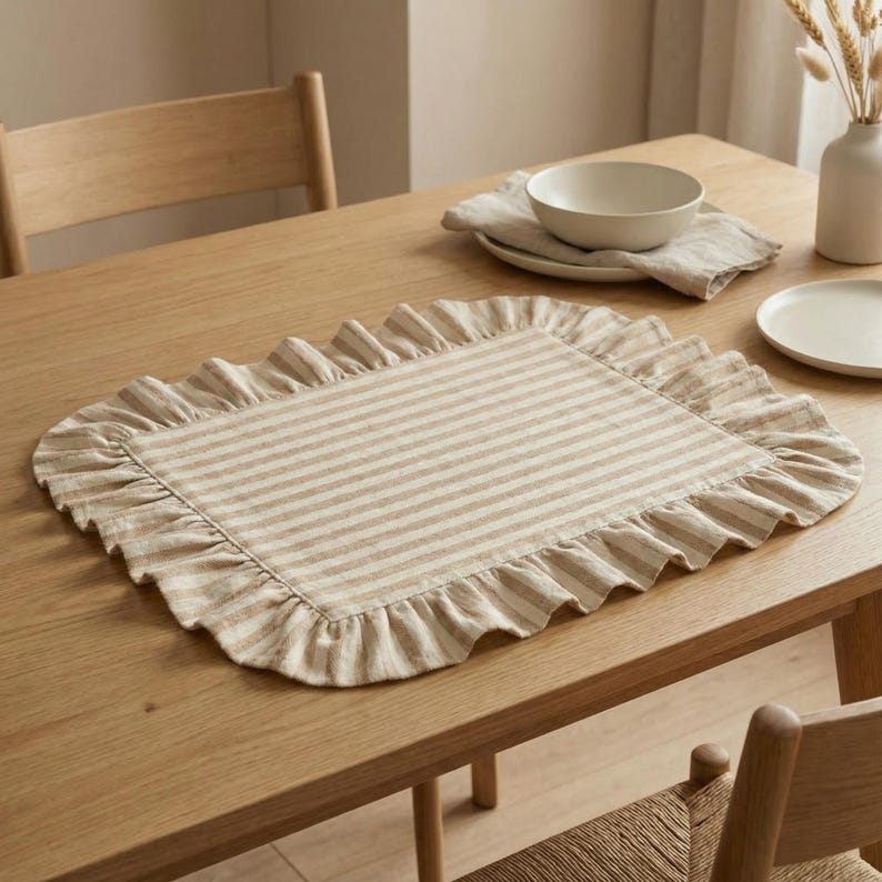 Chemin de table beige à rayures en coton et lin avec bords à volants